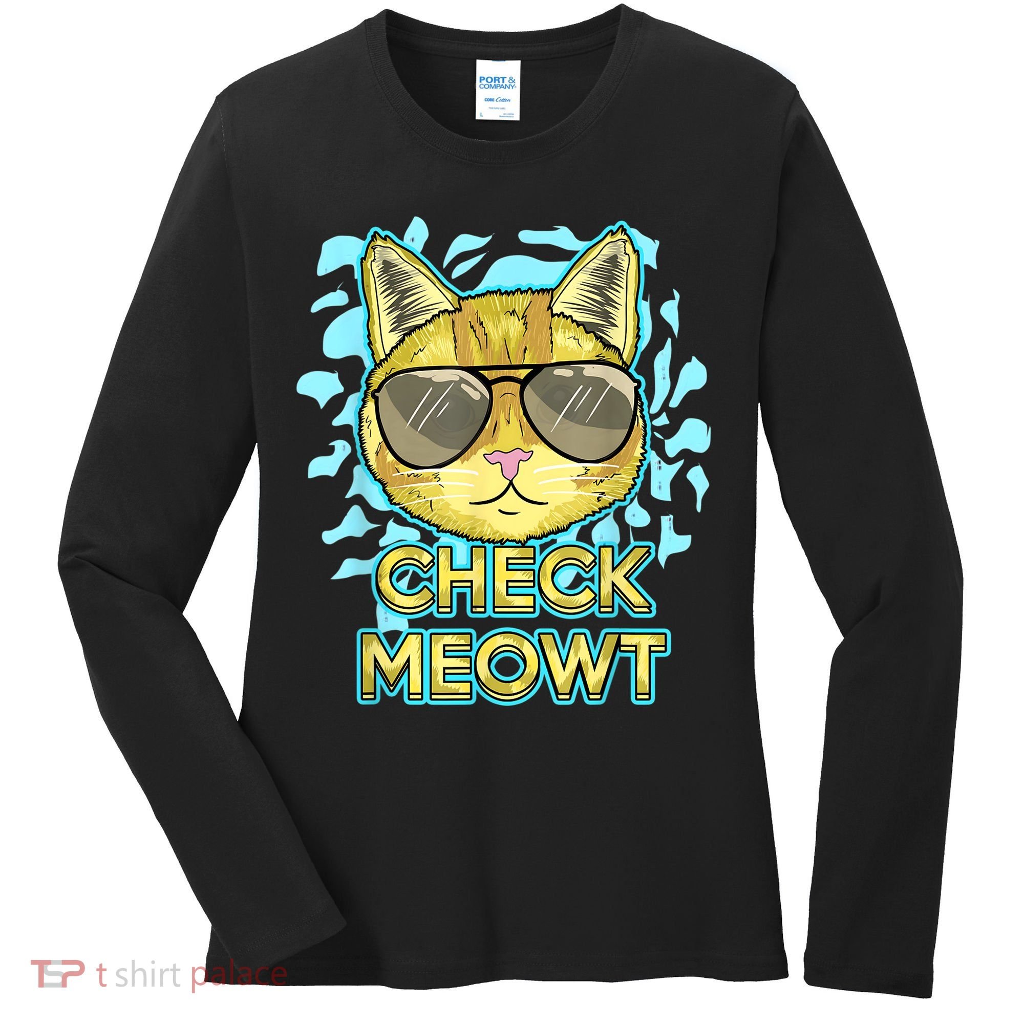 Funny Flirty Cat Pun Humor Cool Kitten Love Check Meowt Women's Long Sleeve Shirt