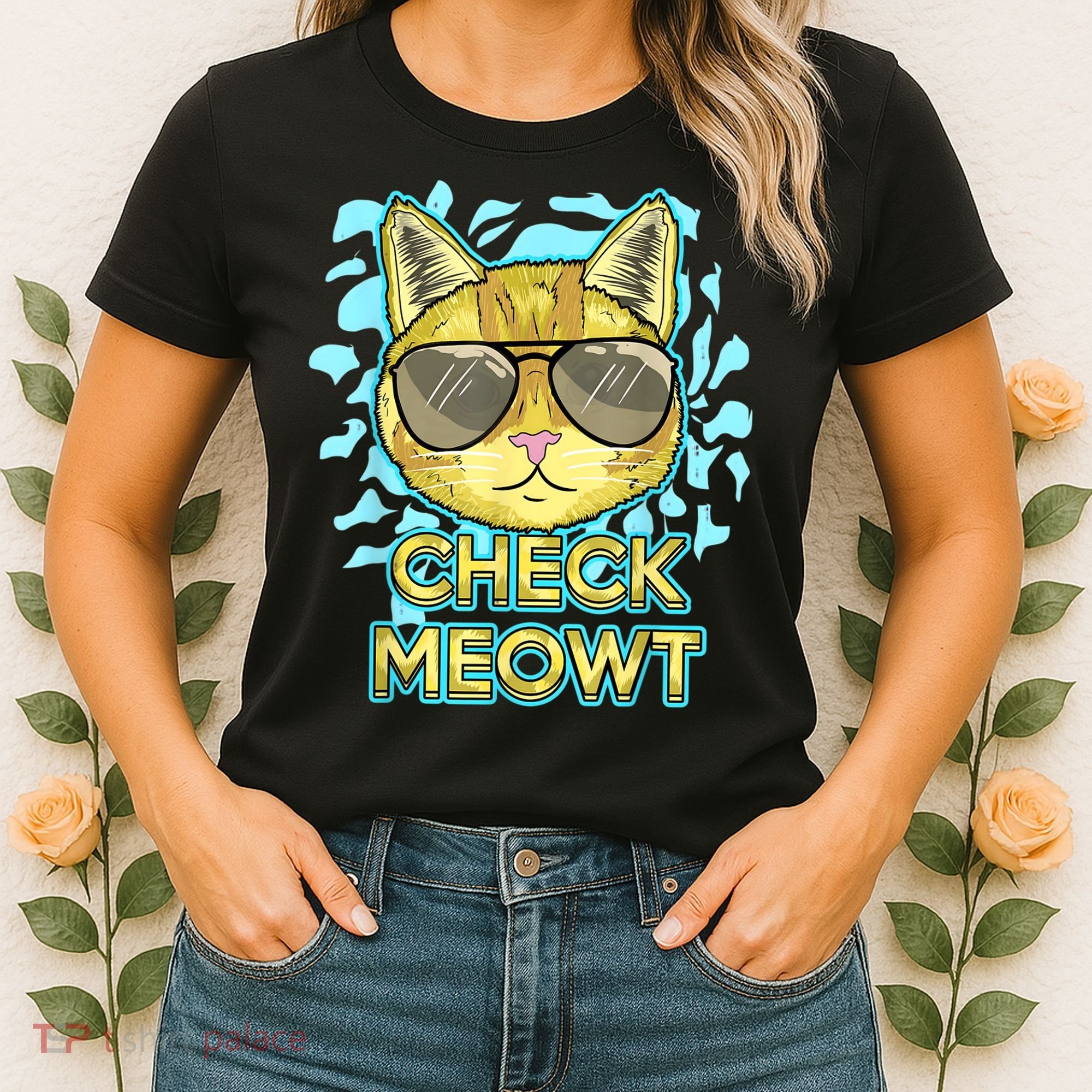 Funny Flirty Cat Pun Humor Cool Kitten Love Check Meowt Women's T-Shirt