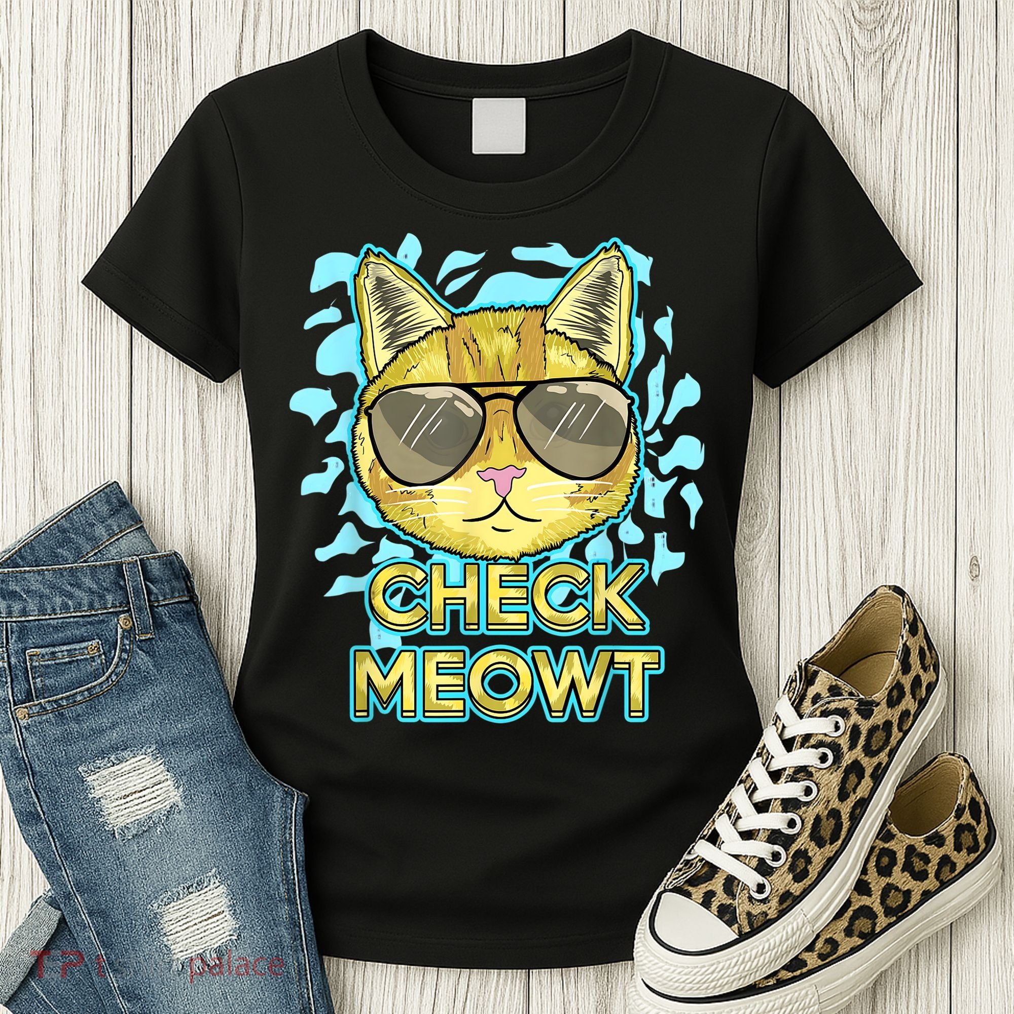 Funny Flirty Cat Pun Humor Cool Kitten Love Check Meowt Women's T-Shirt