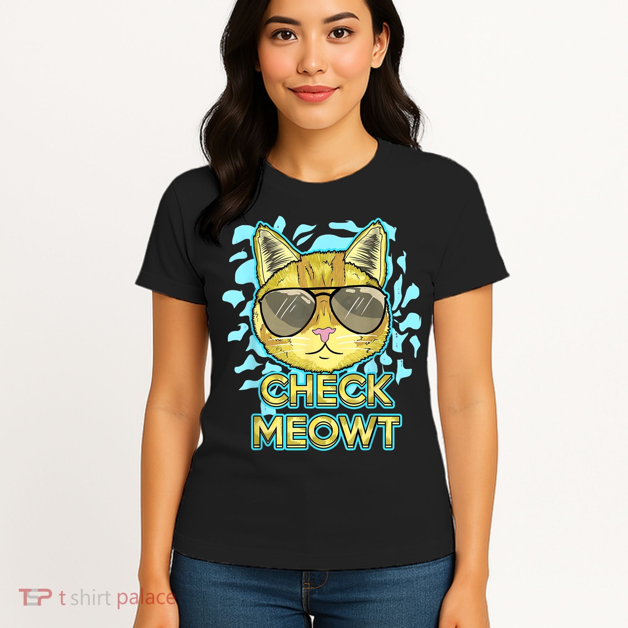 Funny Flirty Cat Pun Humor Cool Kitten Love Check Meowt Women's T-Shirt
