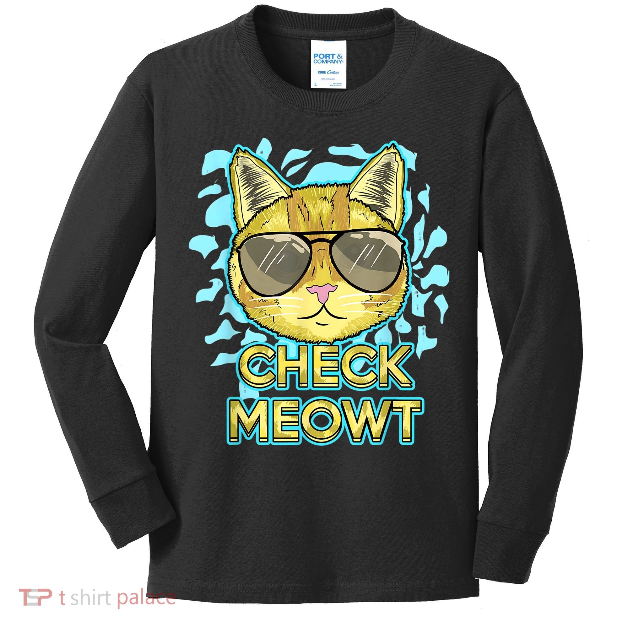 Funny Flirty Cat Pun Humor Cool Kitten Love Check Meowt Kids Long Sleeve Shirt