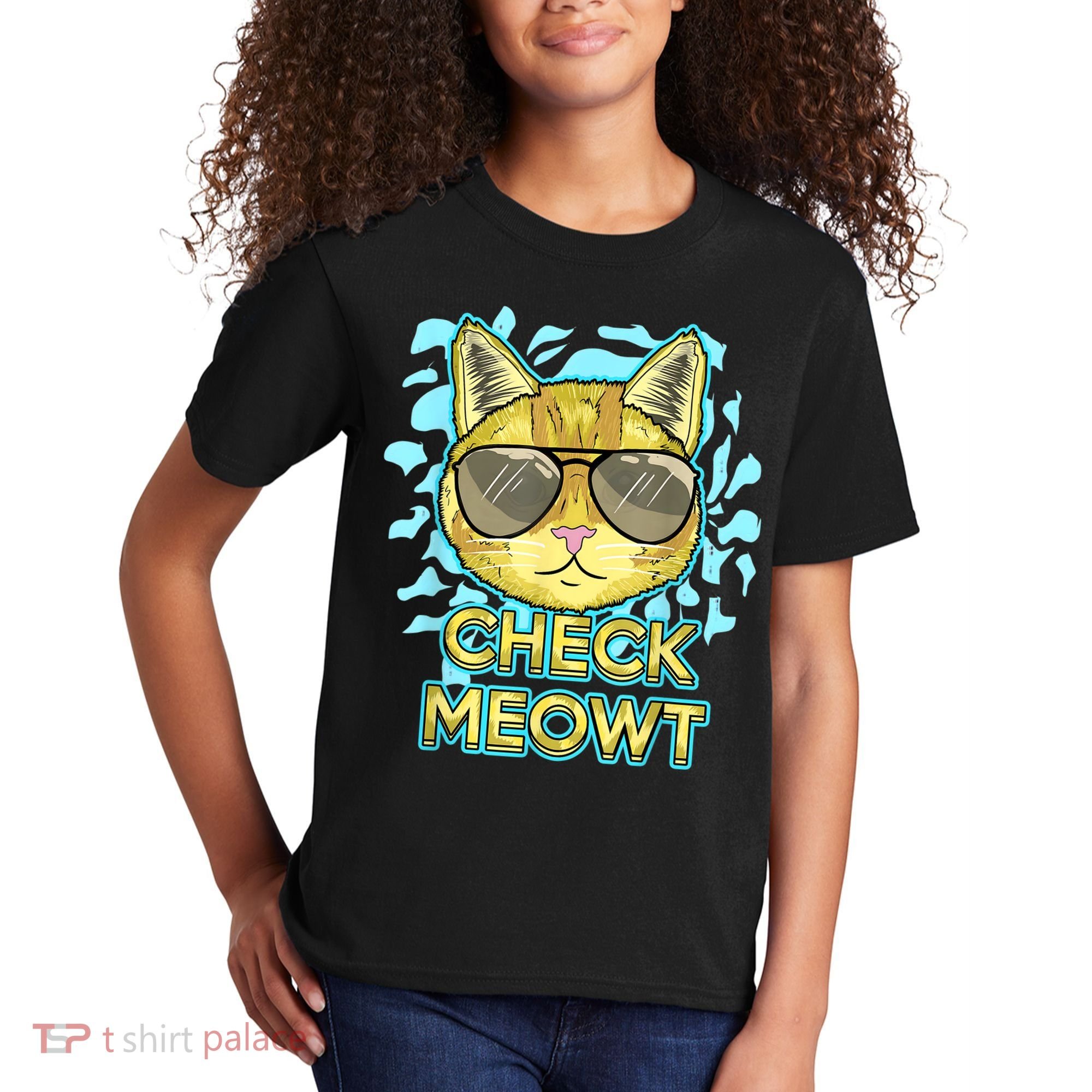Funny Flirty Cat Pun Humor Cool Kitten Love Check Meowt Kids T-Shirt