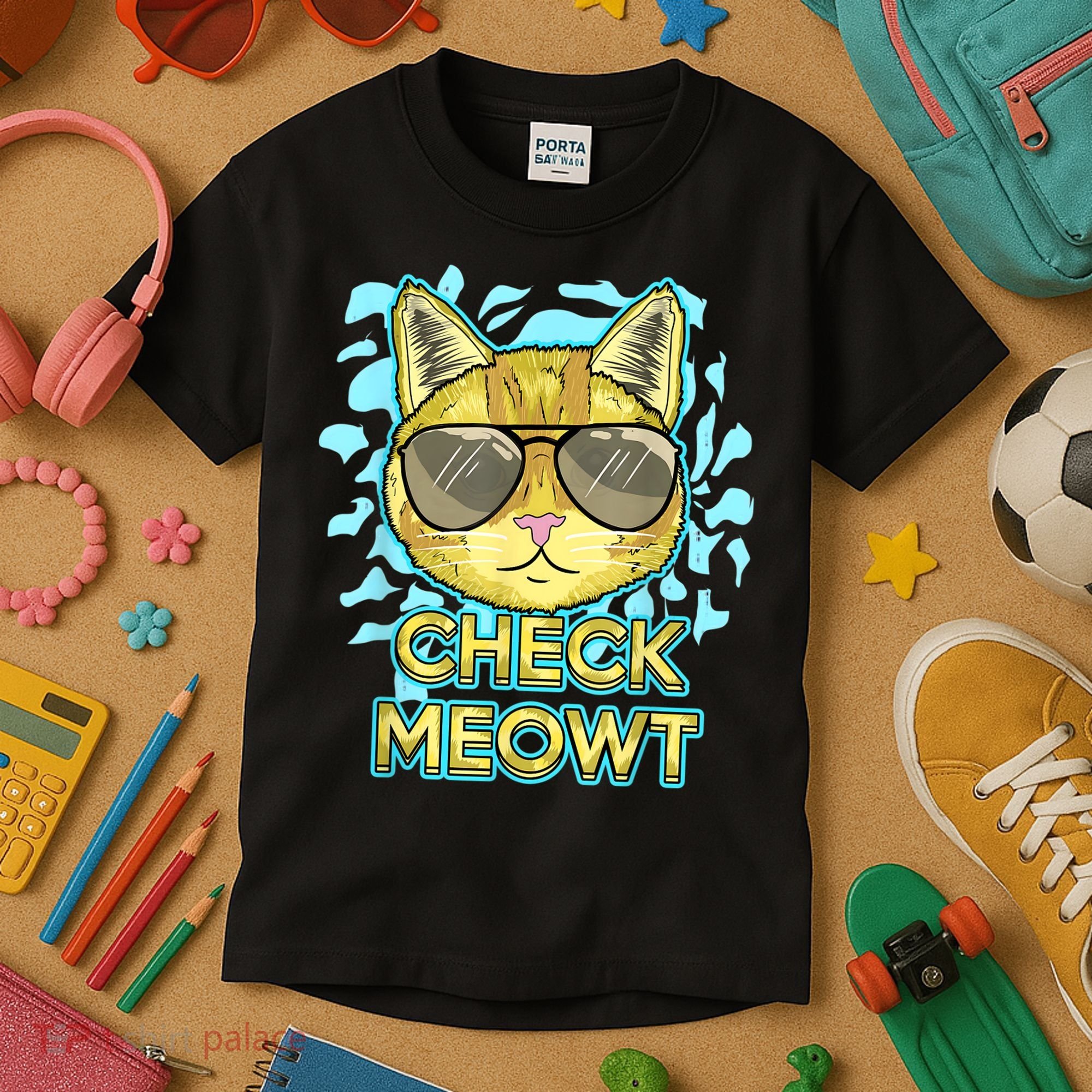 Funny Flirty Cat Pun Humor Cool Kitten Love Check Meowt Kids T-Shirt