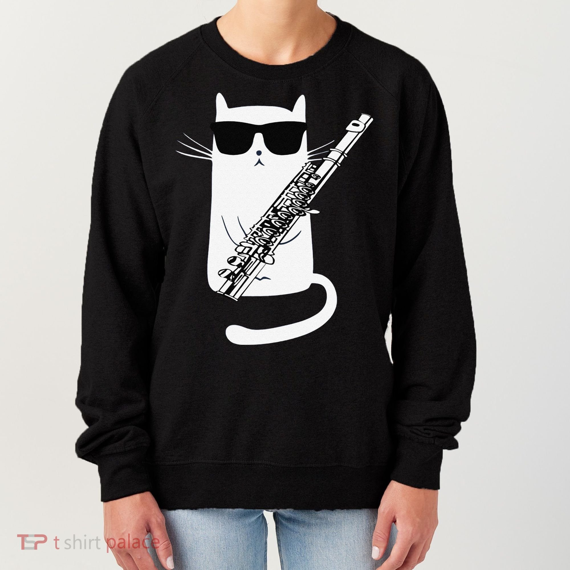 Funny Funny Cat Wearing Sunglasses Playing Flute Great Gift Women's Sweatshirt