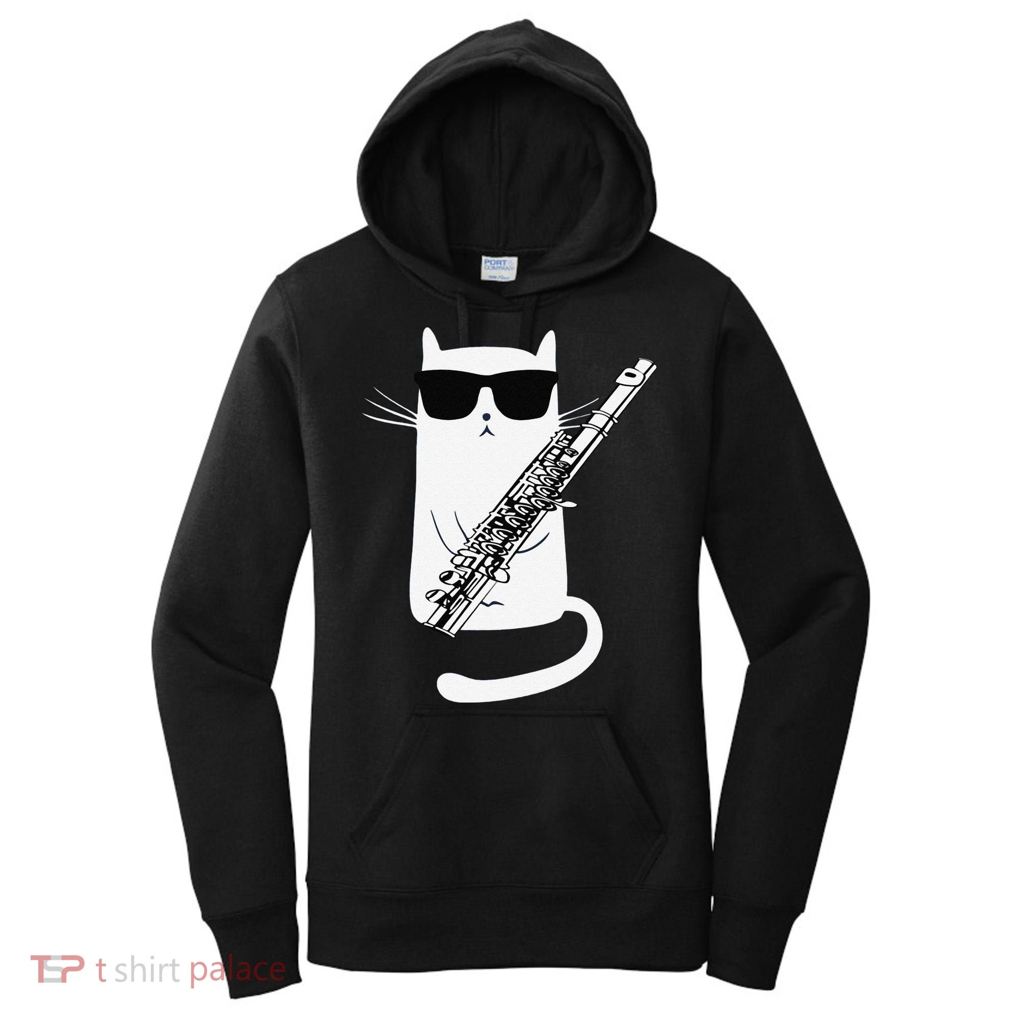 Funny Funny Cat Wearing Sunglasses Playing Flute Great Gift Women's Hoodie