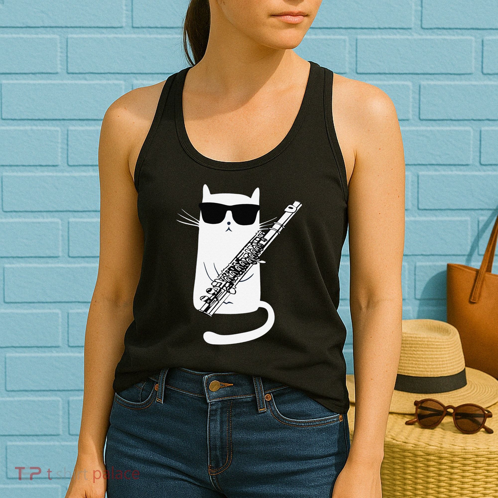 Funny Funny Cat Wearing Sunglasses Playing Flute Great Gift Women's Tank Top