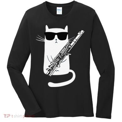 Funny Funny Cat Wearing Sunglasses Playing Flute Great Gift Women's Long Sleeve Shirt
