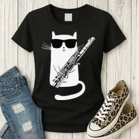 Funny Funny Cat Wearing Sunglasses Playing Flute Great Gift Women's T-Shirt thumb 3