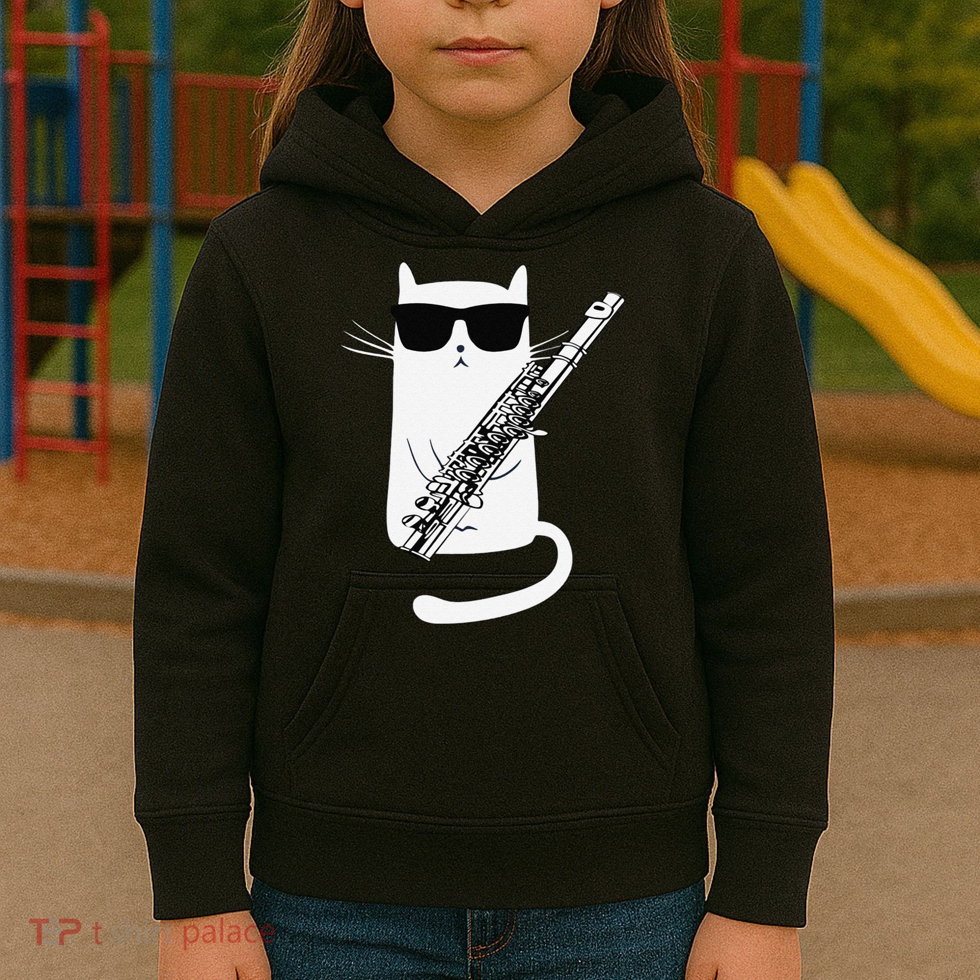 Funny Funny Cat Wearing Sunglasses Playing Flute Great Gift Kids Hoodie