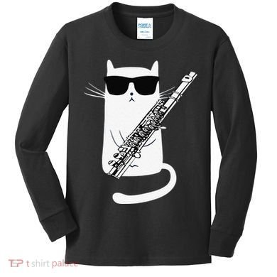Funny Funny Cat Wearing Sunglasses Playing Flute Great Gift Kids Long Sleeve Shirt