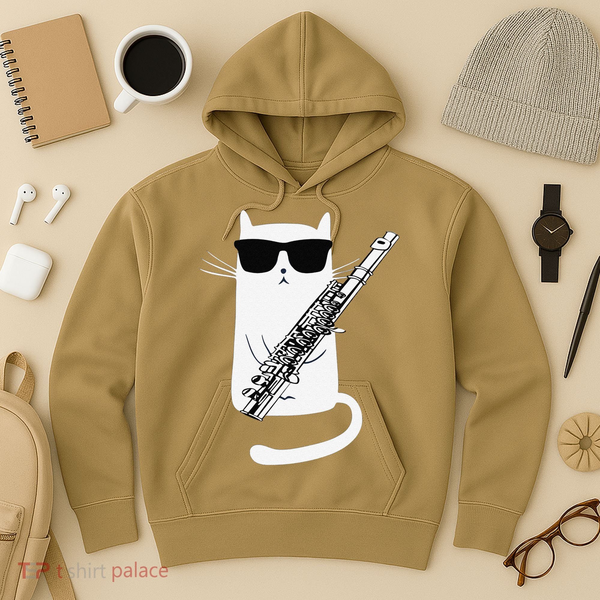 Funny Funny Cat Wearing Sunglasses Playing Flute Great Gift Hoodie