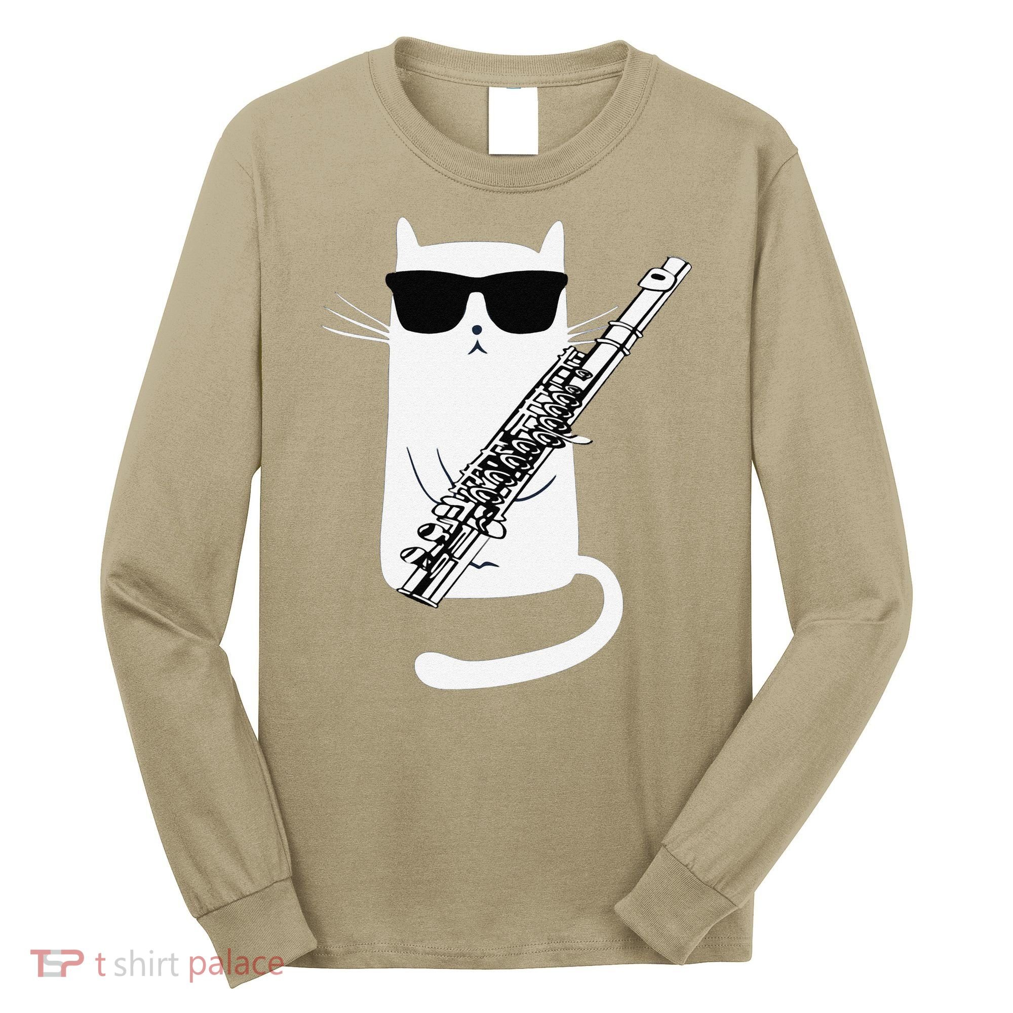 Funny Funny Cat Wearing Sunglasses Playing Flute Great Gift Long Sleeve Shirt