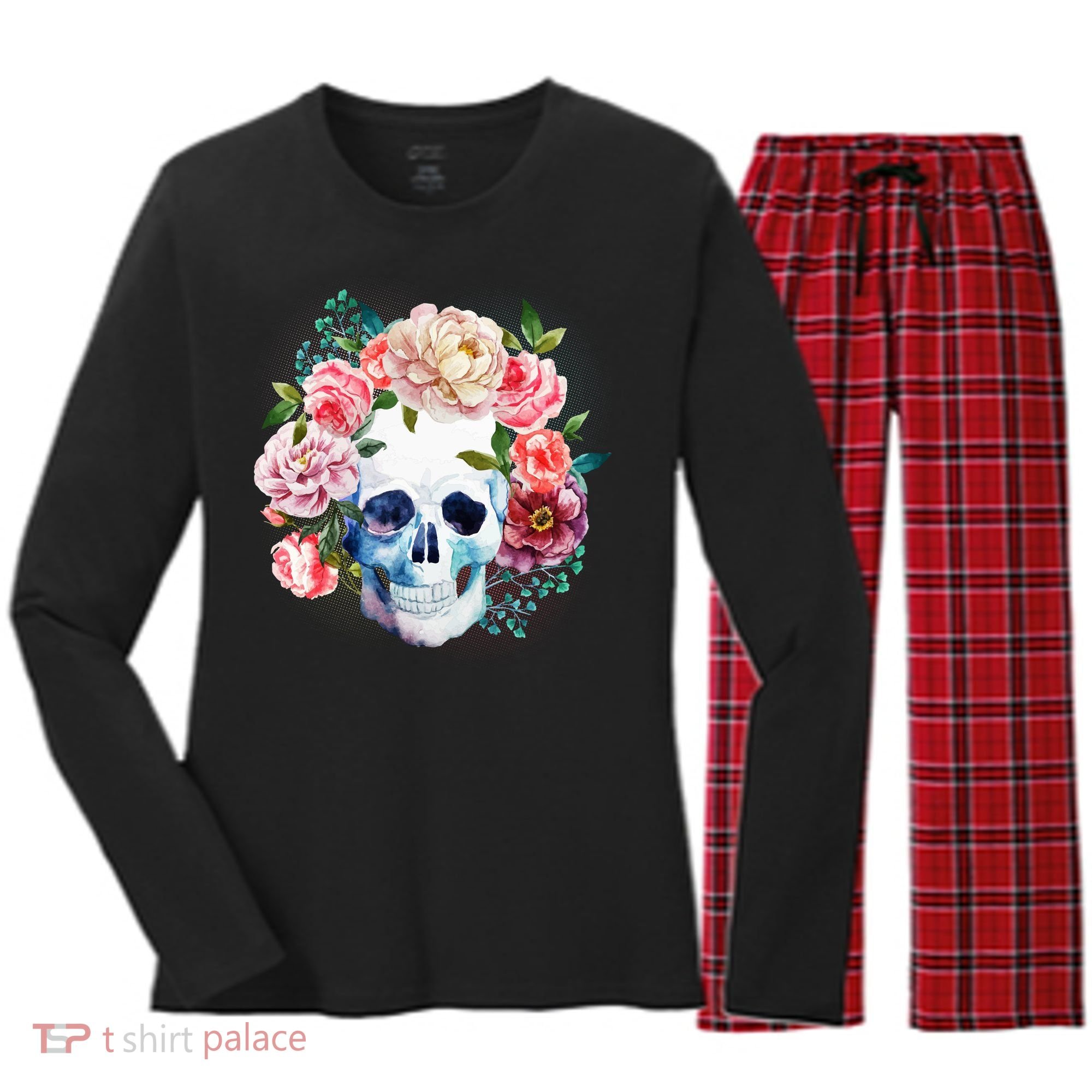 Fancy Flower Crown Skull Women's Long Sleeve Flannel Pajama Set 