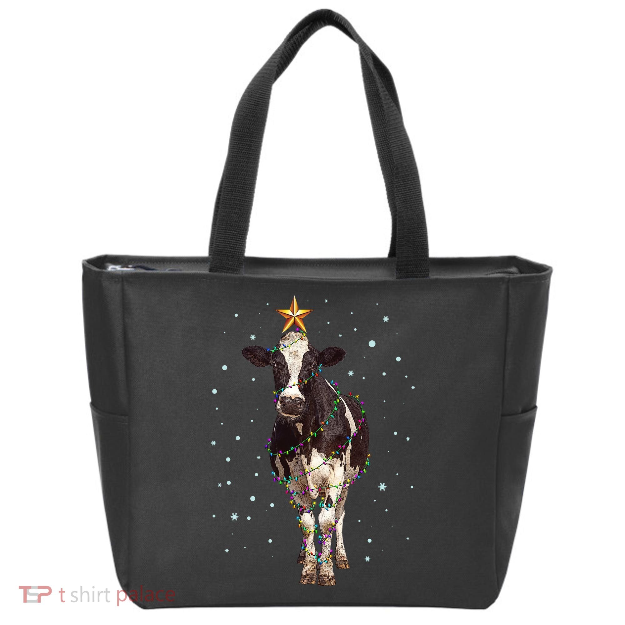 Funny Festive Christmas Lights Cow Tote Bag