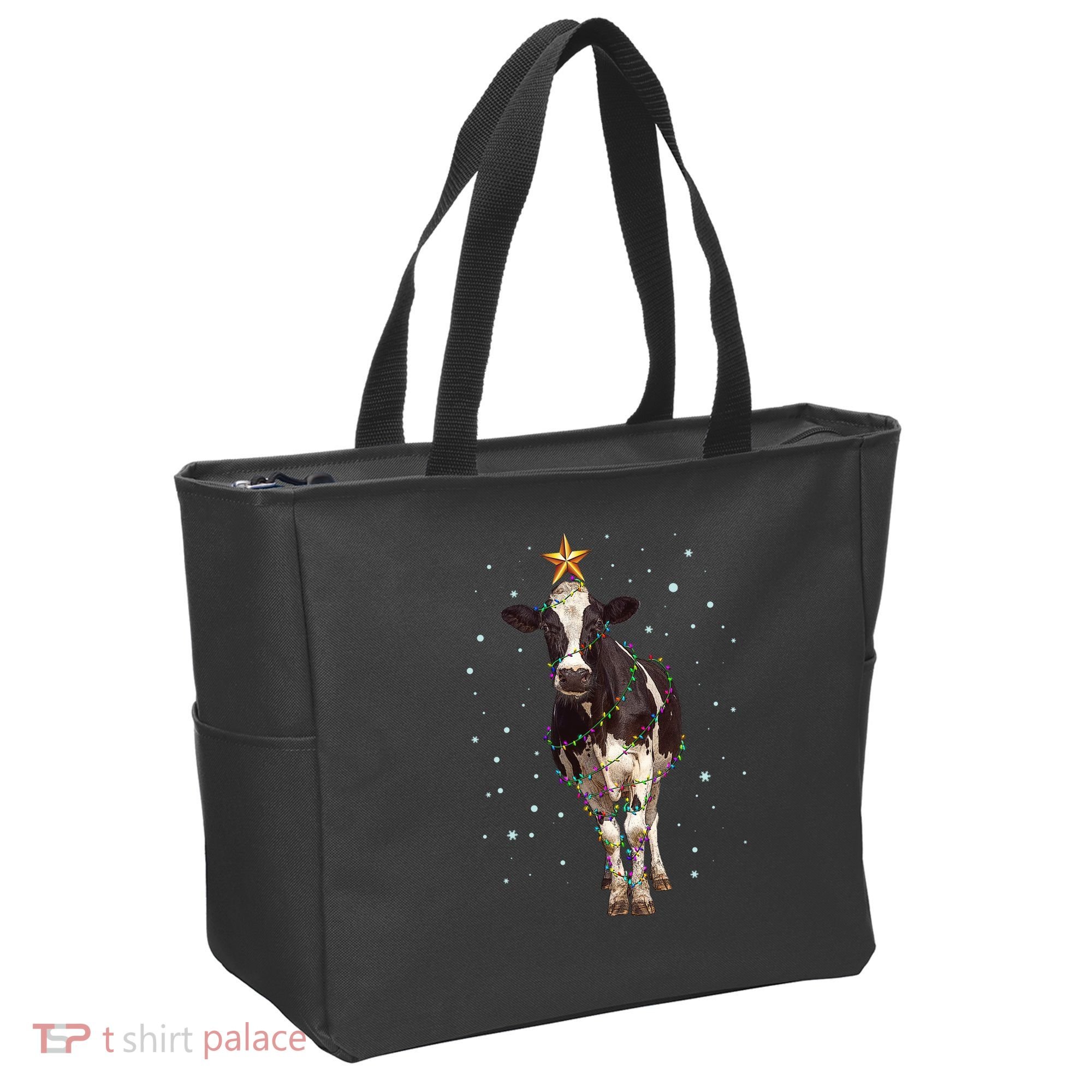Funny Festive Christmas Lights Cow Tote Bag