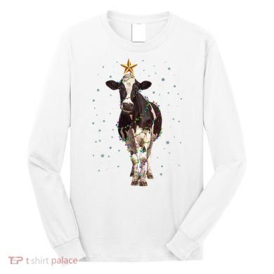 Funny Festive Christmas Lights Cow Long Sleeve Shirt