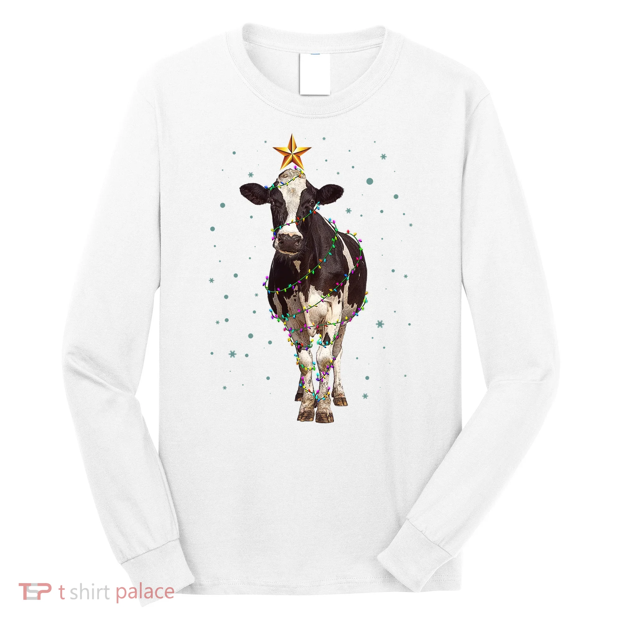 Funny Festive Christmas Lights Cow Long Sleeve Shirt