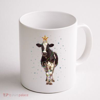 Funny Festive Christmas Lights Cow Coffee Mug back