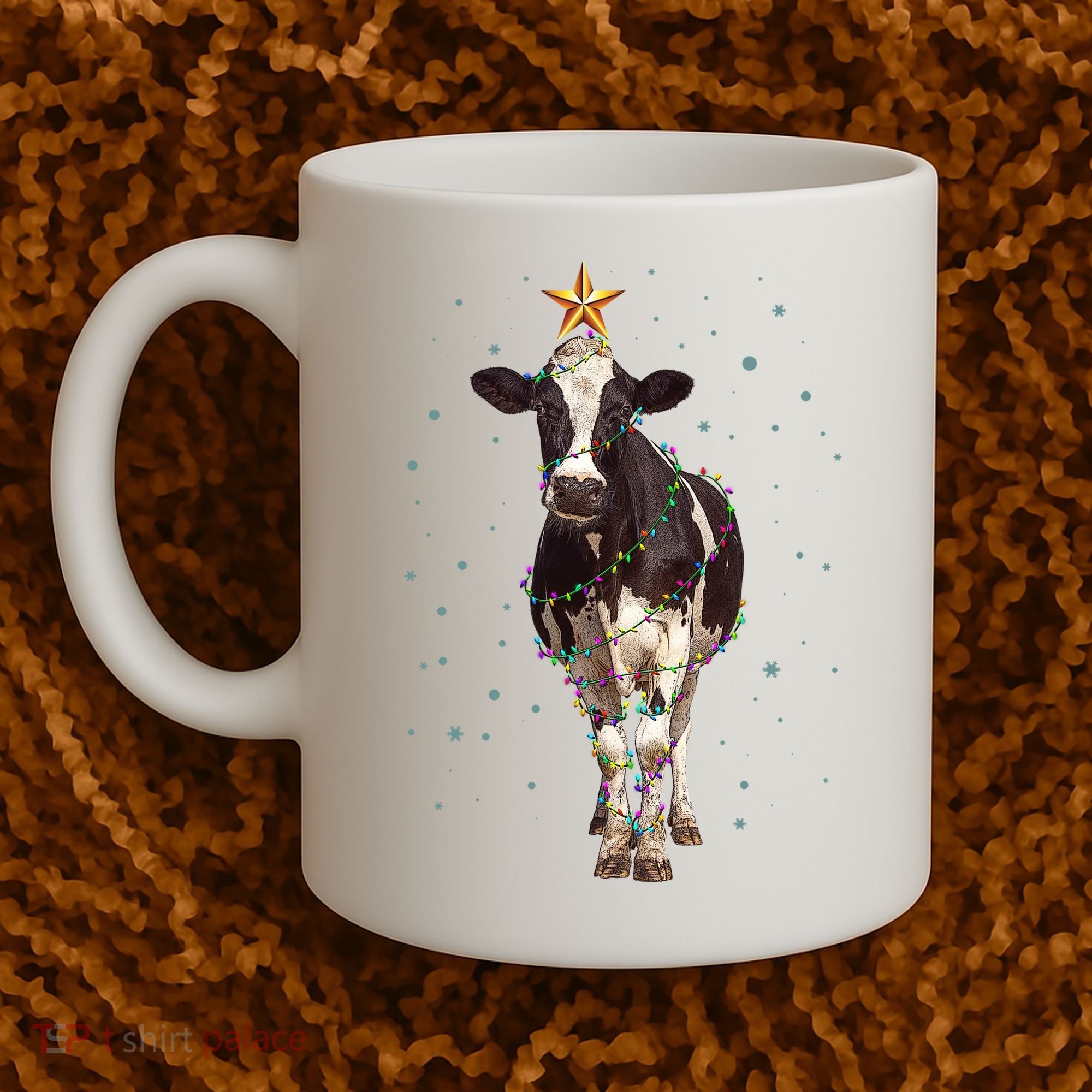 Funny Festive Christmas Lights Cow Coffee Mug