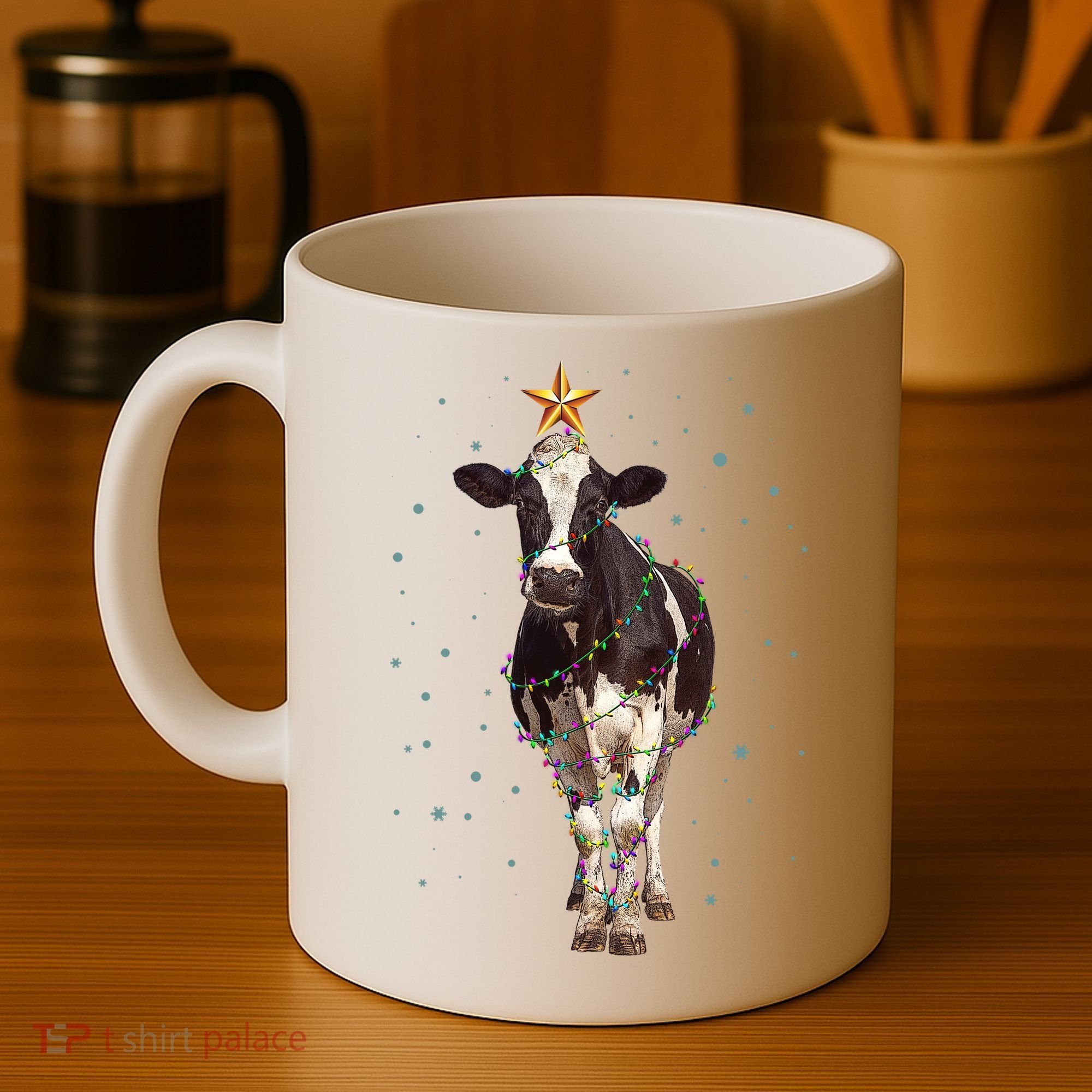 Funny Festive Christmas Lights Cow Coffee Mug