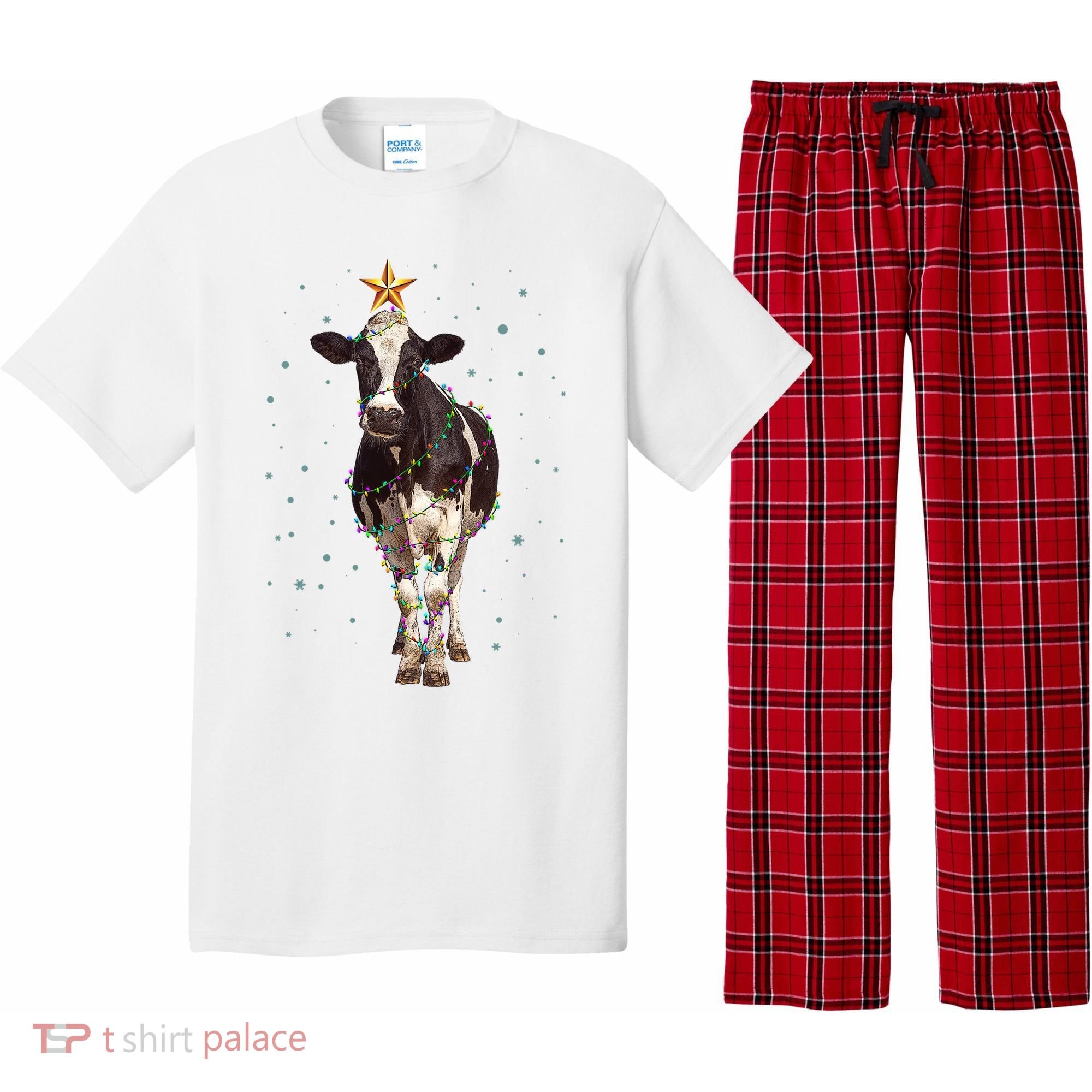 Funny Festive Christmas Lights Cow Pajama Set