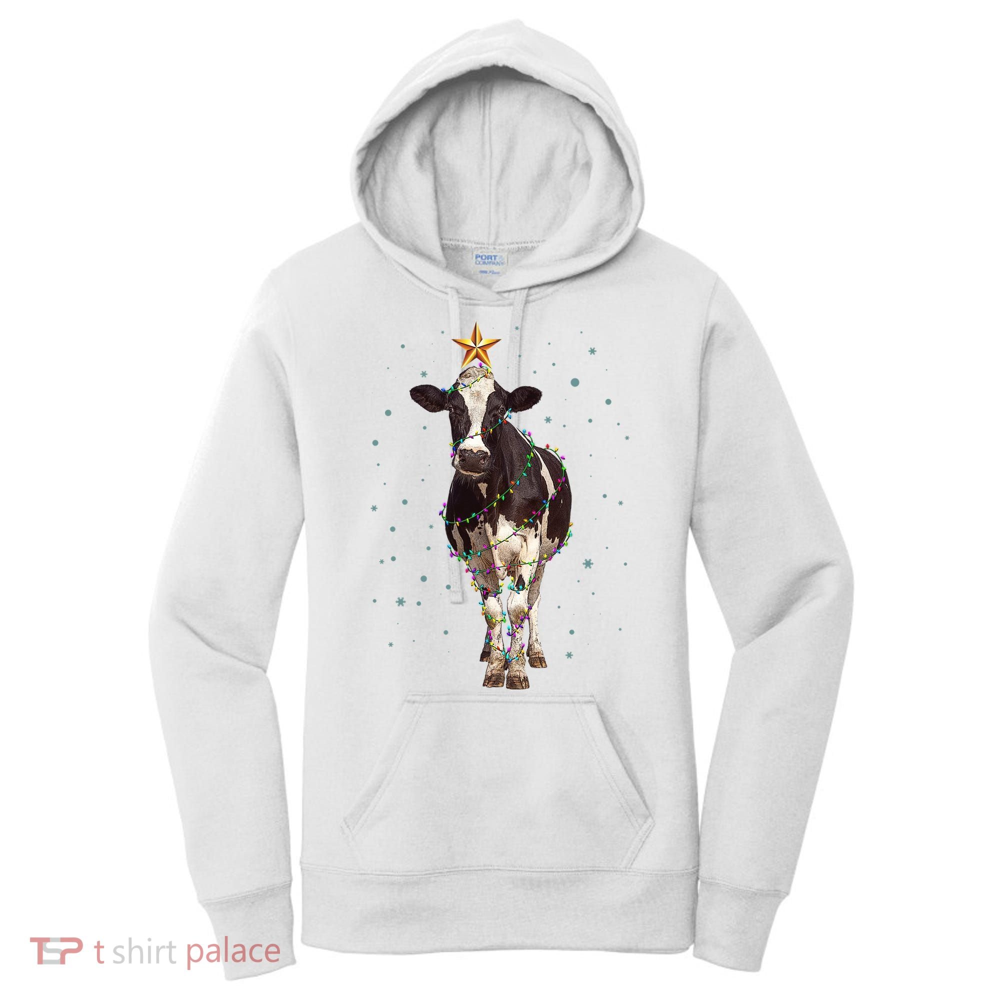 Funny Festive Christmas Lights Cow Women's Hoodie