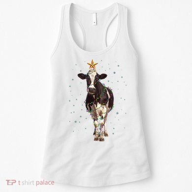 Funny Festive Christmas Lights Cow Women's Tank Top