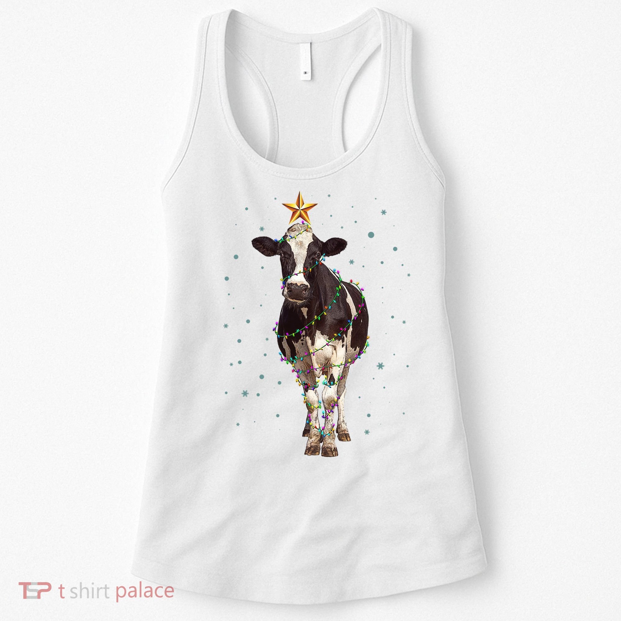 Funny Festive Christmas Lights Cow Women's Tank Top