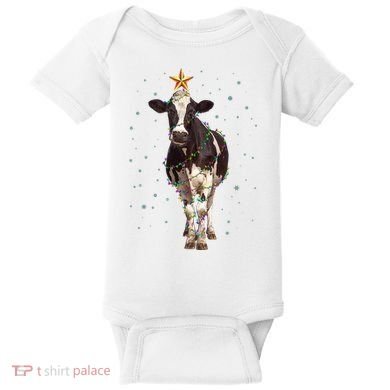 Funny Festive Christmas Lights Cow Baby Bodysuit