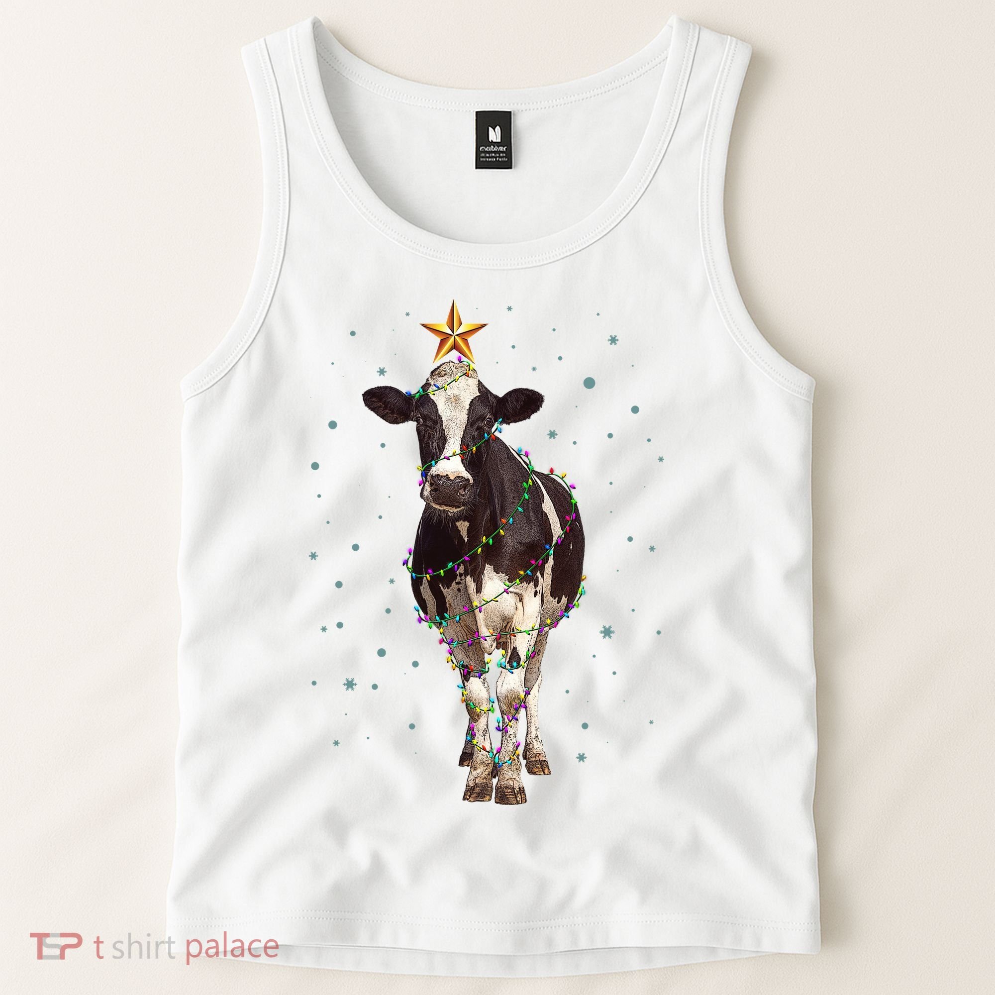 Funny Festive Christmas Lights Cow Tank Top