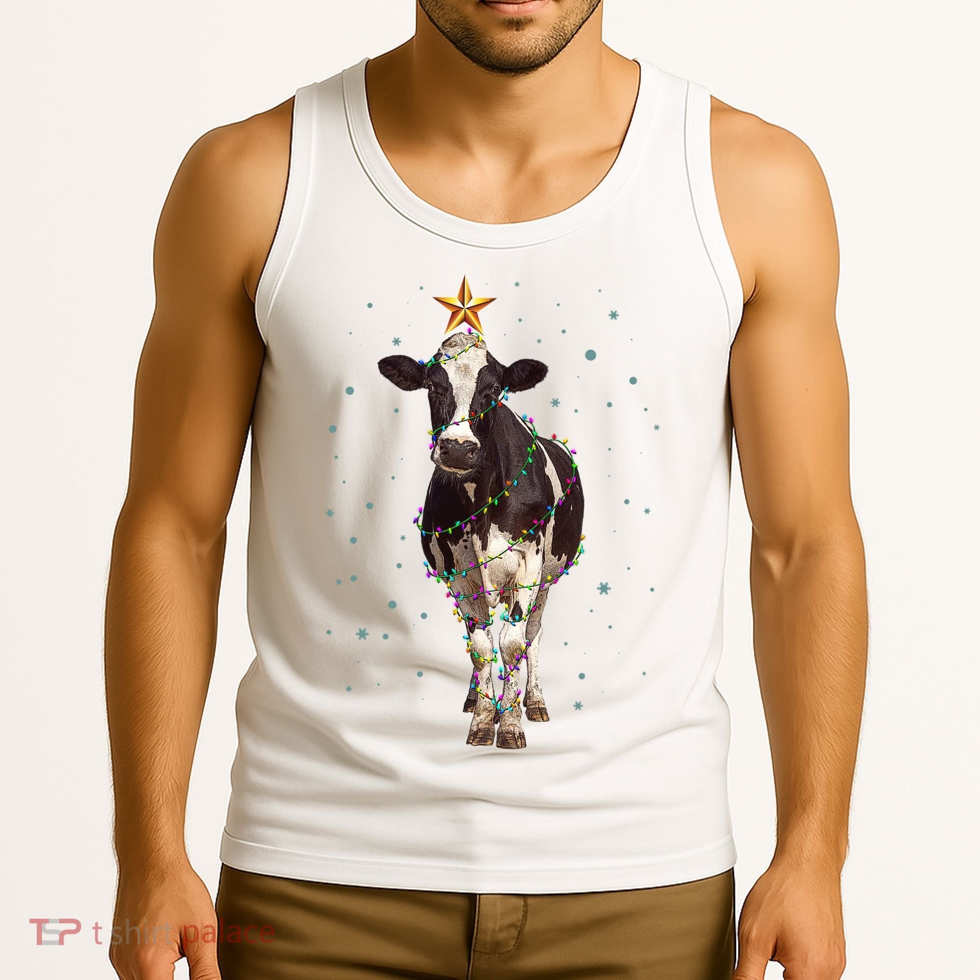 Funny Festive Christmas Lights Cow Tank Top