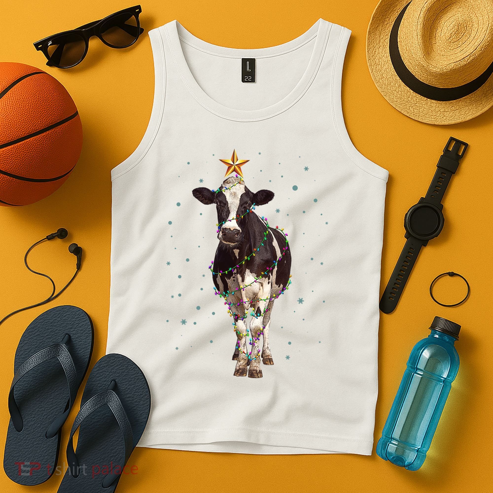Funny Festive Christmas Lights Cow Tank Top