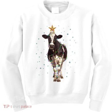 Funny Festive Christmas Lights Cow Kids Sweatshirt