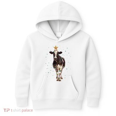 Funny Festive Christmas Lights Cow Kids Hoodie
