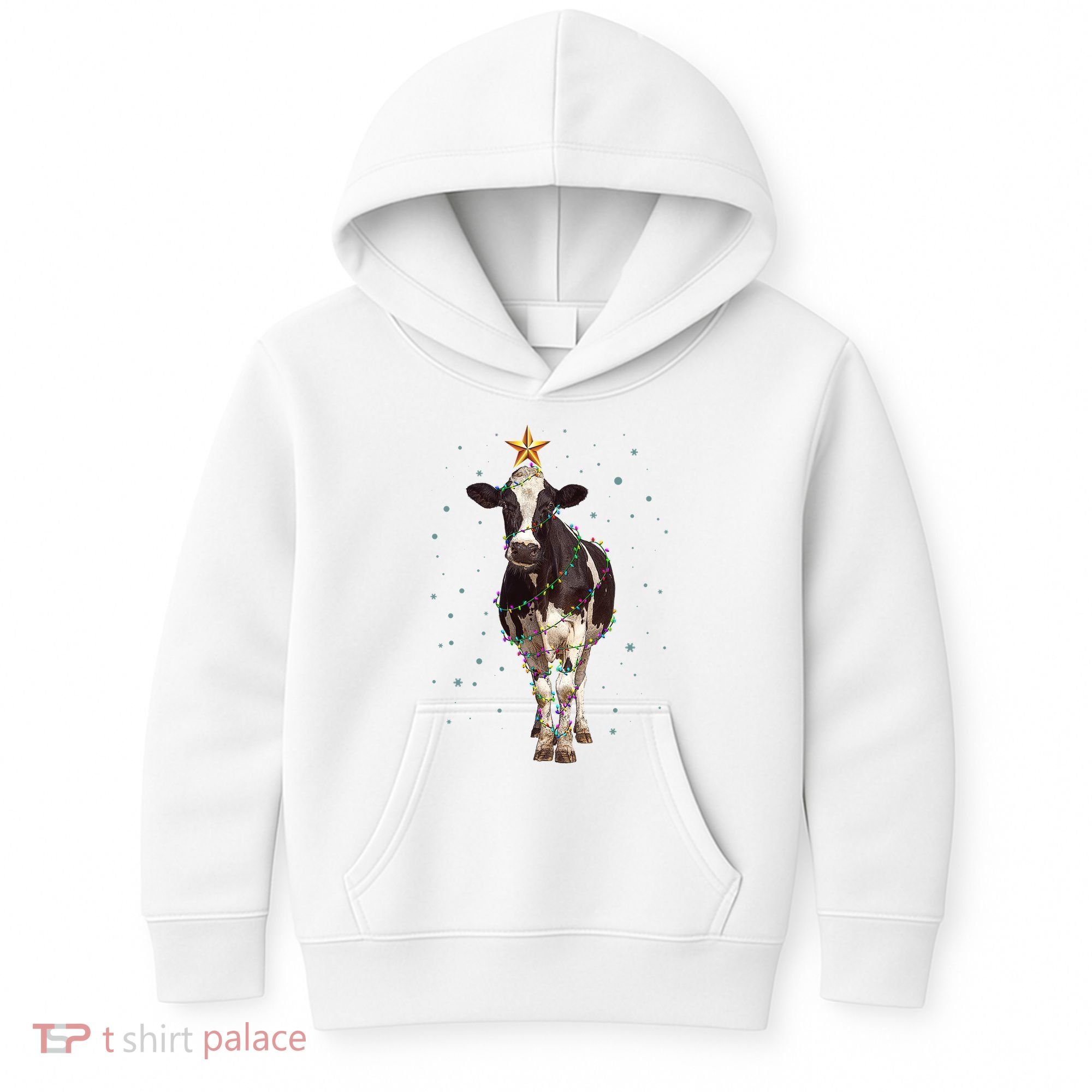 Funny Festive Christmas Lights Cow Kids Hoodie