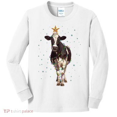 Funny Festive Christmas Lights Cow Kids Long Sleeve Shirt