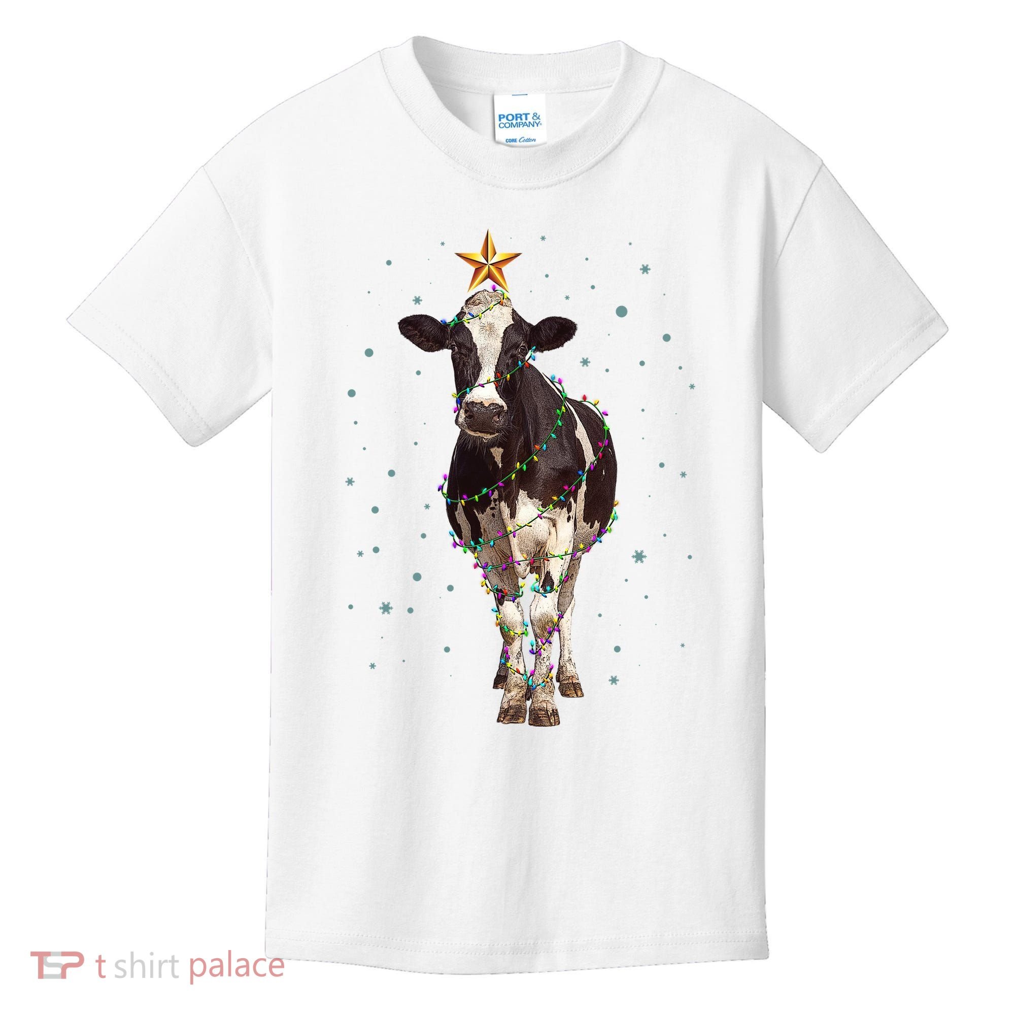Funny Festive Christmas Lights Cow Kids T-Shirt
