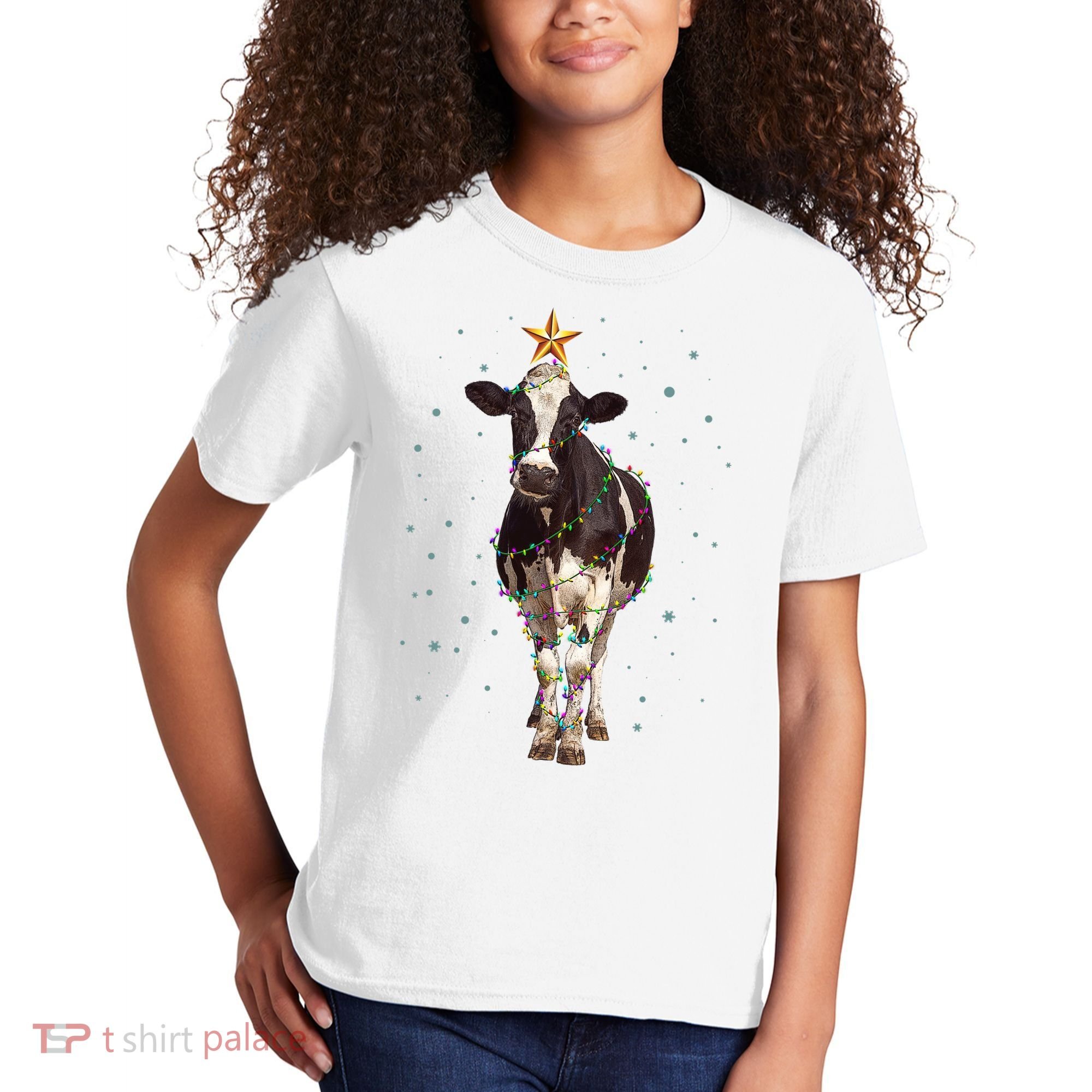 Funny Festive Christmas Lights Cow Kids T-Shirt