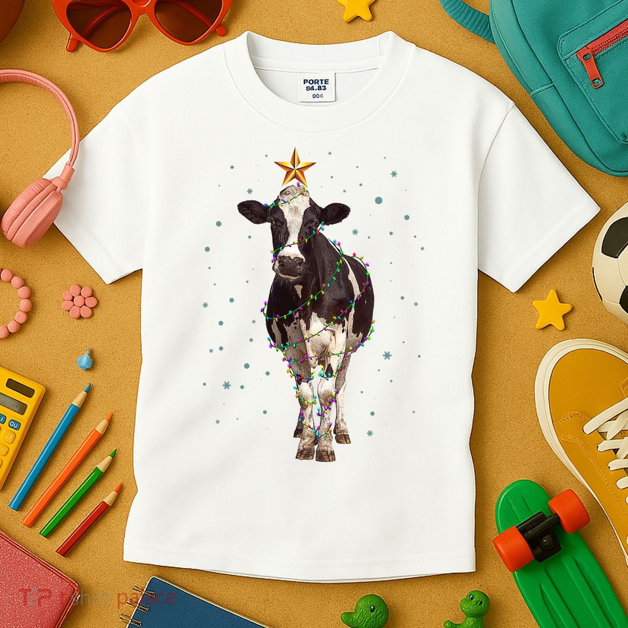 Funny Festive Christmas Lights Cow Kids T-Shirt