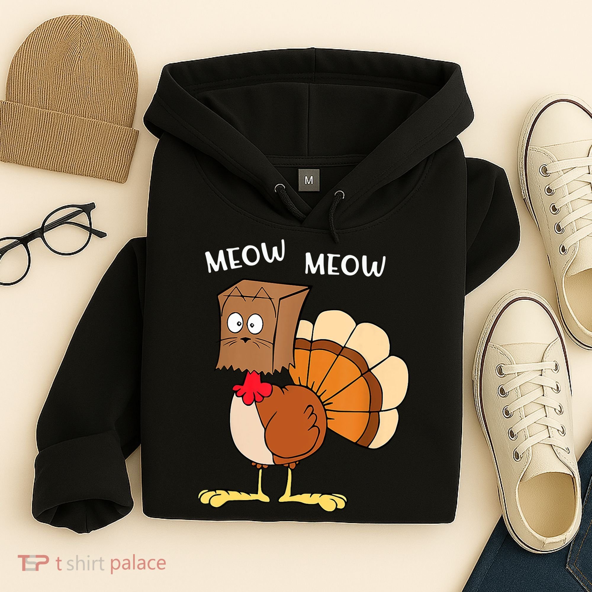Funny Fake Cat Meow Turkey Thanksgiving Cat Love Fall Y'All Hoodie