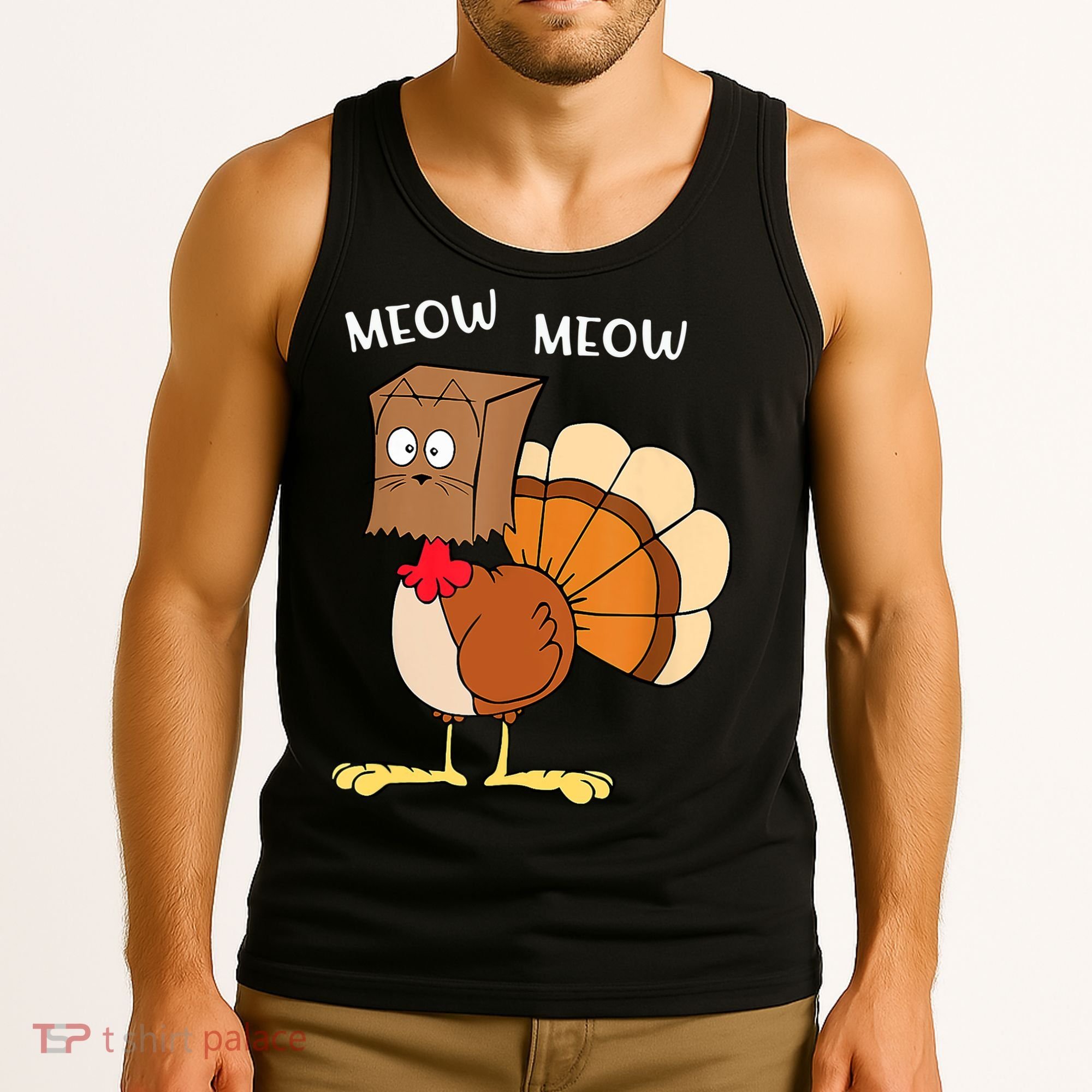 Funny Fake Cat Meow Turkey Thanksgiving Cat Love Fall Y'All Tank Top