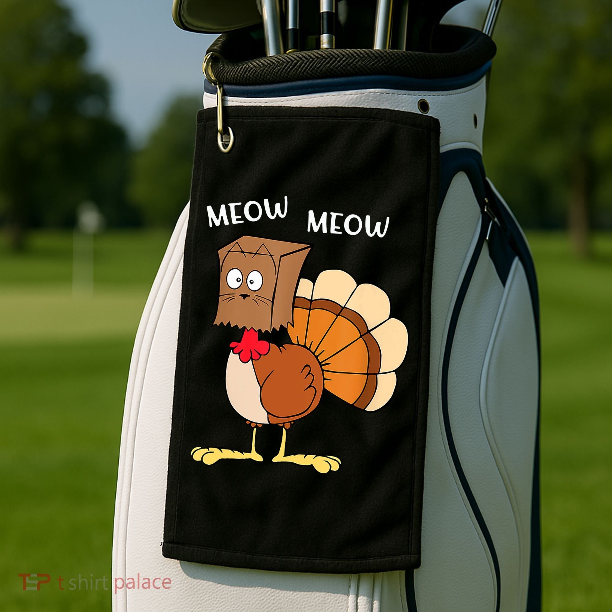 Funny Fake Cat Meow Turkey Thanksgiving Cat Love Fall Y'All Golf Towel