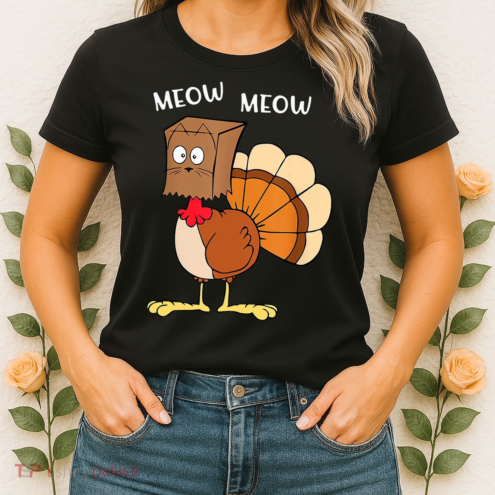 Funny Fake Cat Meow Turkey Thanksgiving Cat Love Fall Y'All Women's T-Shirt
