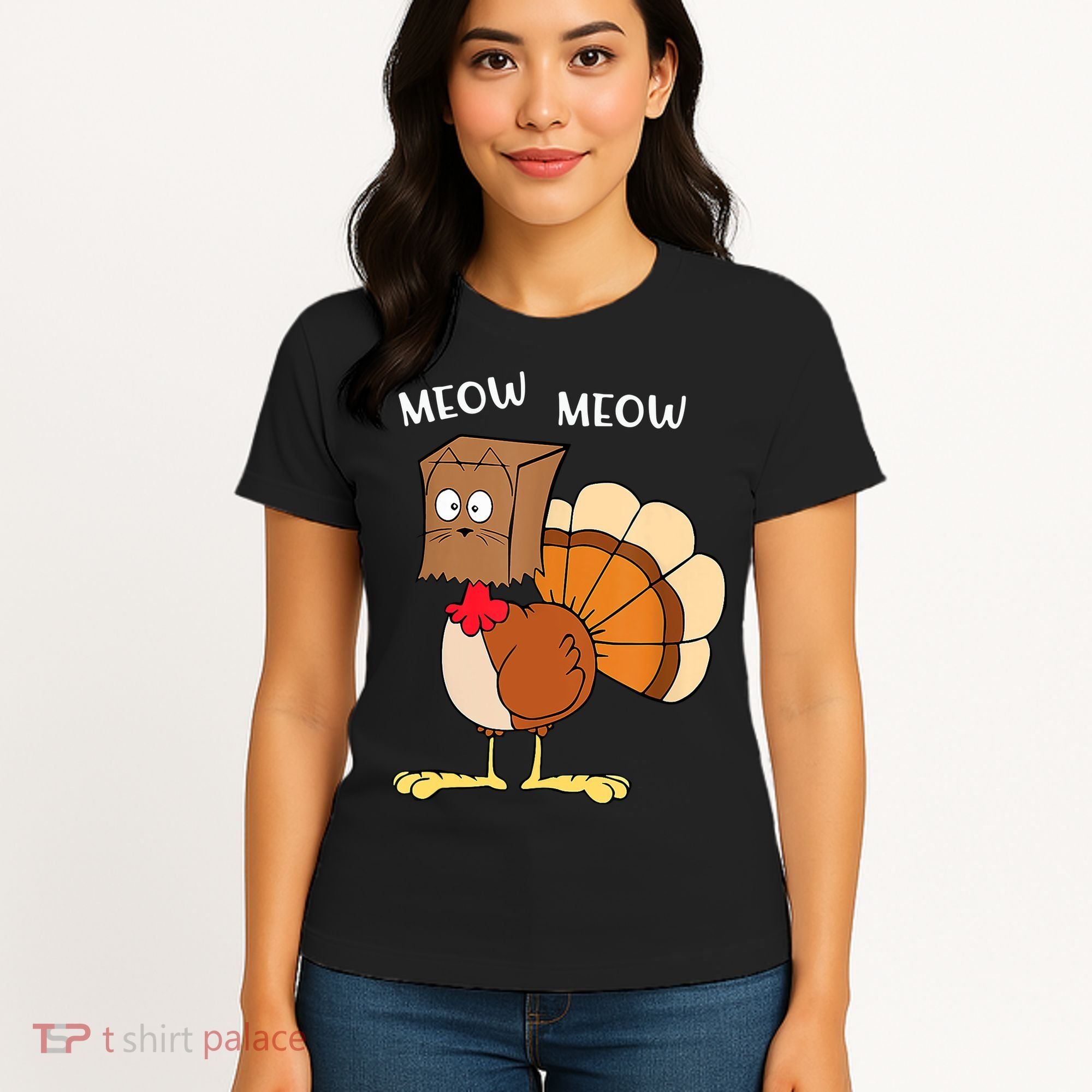 Funny Fake Cat Meow Turkey Thanksgiving Cat Love Fall Y'All Women's T-Shirt