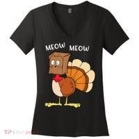 Funny Fake Cat Meow Turkey Thanksgiving Cat Love Fall Y'All Women's V-Neck T-Shirt thumb 0