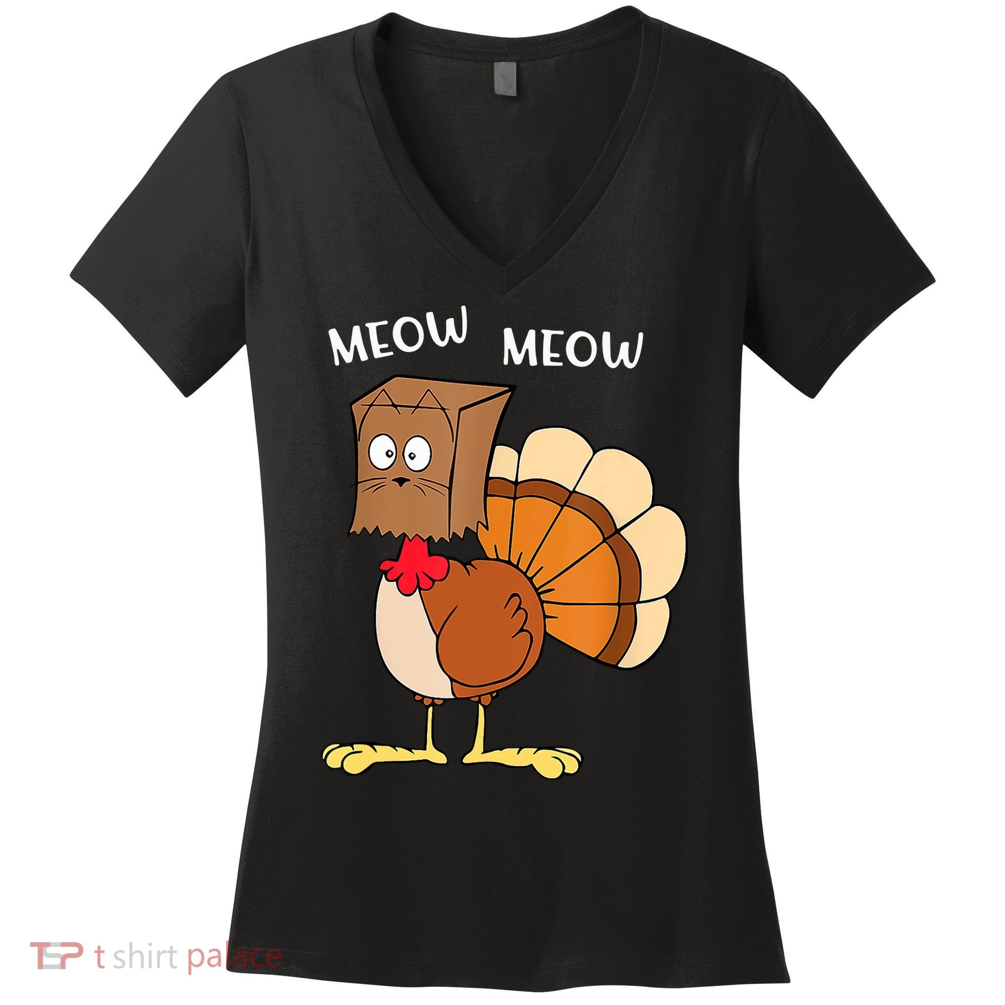 Funny Fake Cat Meow Turkey Thanksgiving Cat Love Fall Y'All Women's V-Neck T-Shirt