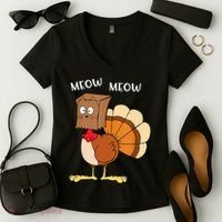 Funny Fake Cat Meow Turkey Thanksgiving Cat Love Fall Y'All Women's V-Neck T-Shirt thumb 2