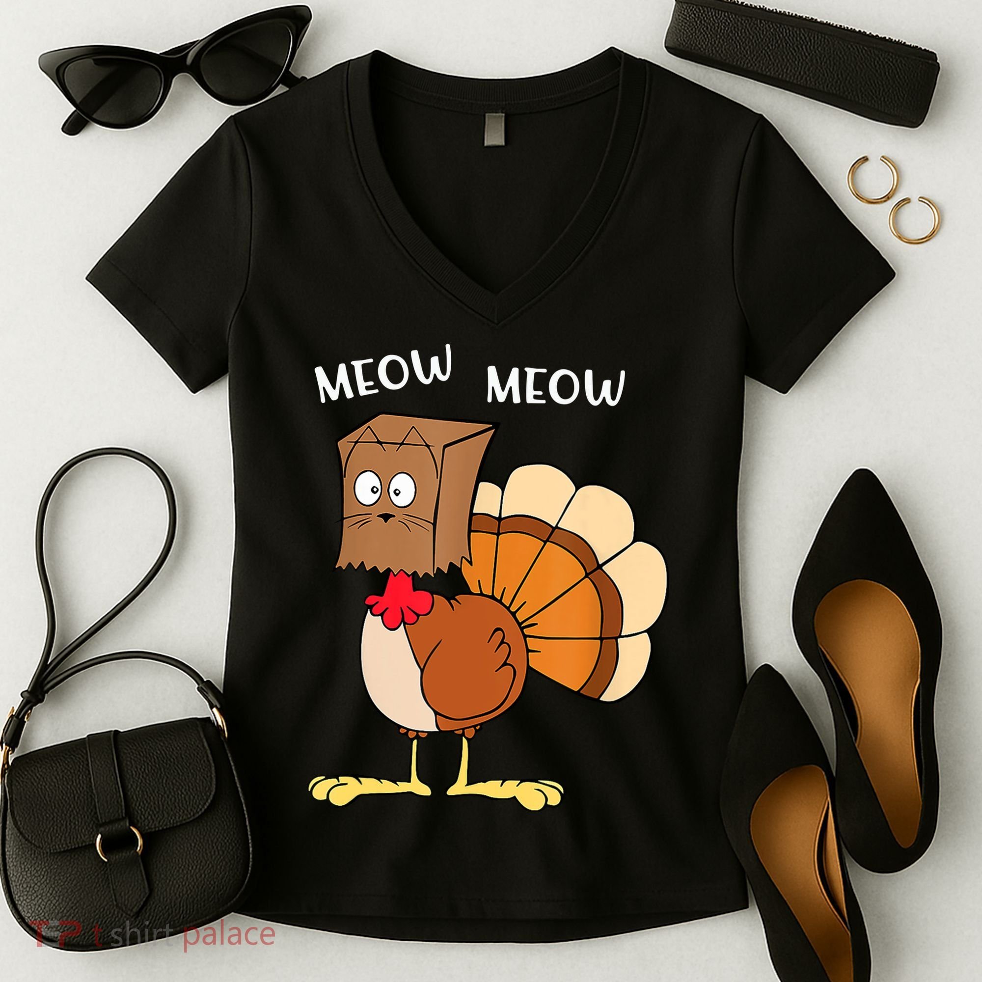 Funny Fake Cat Meow Turkey Thanksgiving Cat Love Fall Y'All Women's V-Neck T-Shirt