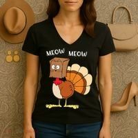Funny Fake Cat Meow Turkey Thanksgiving Cat Love Fall Y'All Women's V-Neck T-Shirt thumb 3