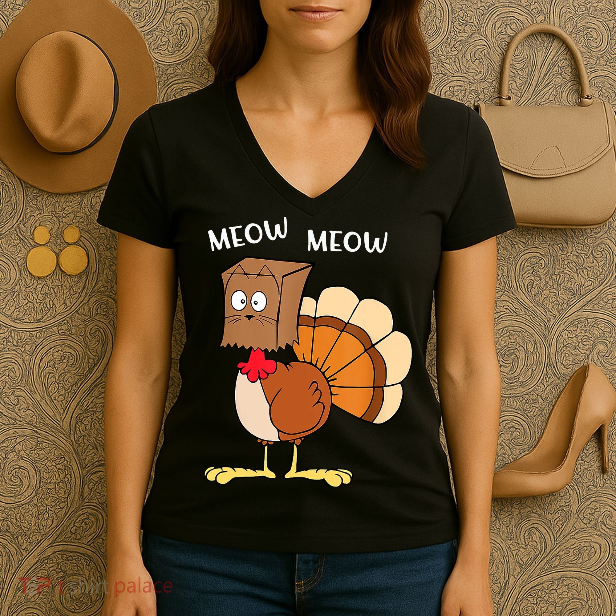 Funny Fake Cat Meow Turkey Thanksgiving Cat Love Fall Y'All Women's V-Neck T-Shirt